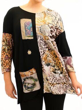 Lee Andersen Wearable Art Leopardy Treasure Tunic OSFA PatchPocket,Lettuce Edge
